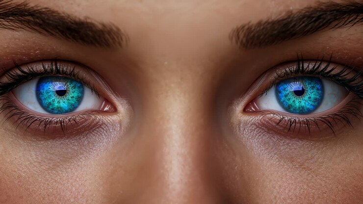 Beginnend met een vrouw met gesloten ogen die haar ogen opent en sluit, waardoor levendige blauwe irissen in de studio zichtbaar worden