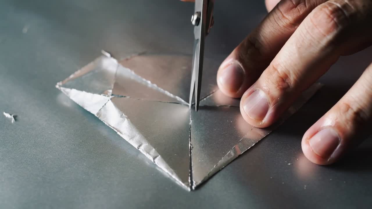Aligning scissors, craft hands cutting folded metal sheet on dark tabletop, aiming to open seam