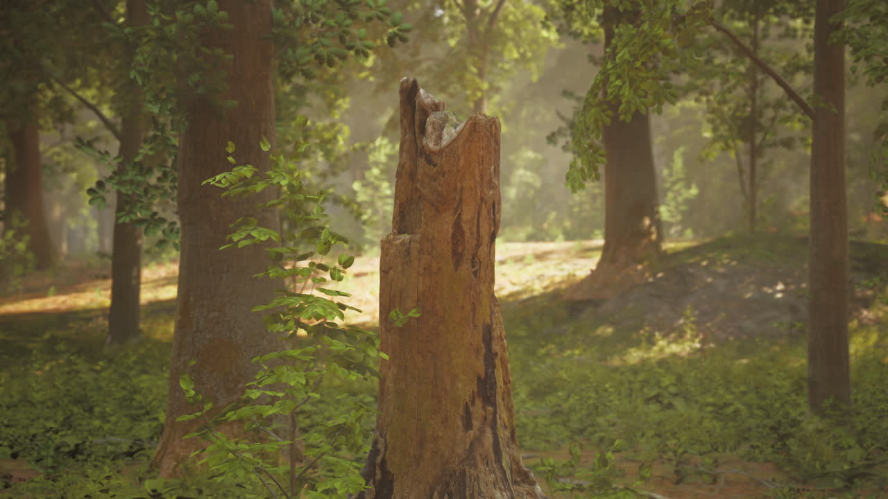 빛으로 숲 속의 나무 줄기