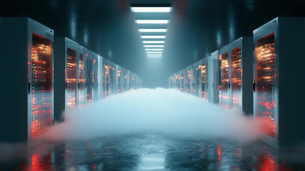 Et indblik i hjertet af et datacenter: En topmoderne facilitet oplyst med røde og blå lys, omgivet af en mystisk tåge, der fremviser avanceret serverteknologi.