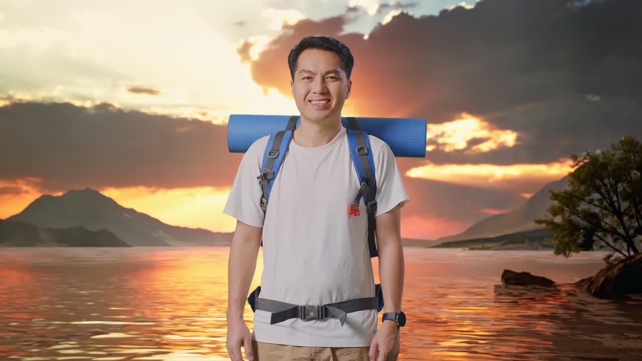 Asian Male Hiker With Mountaineering Backpack Smiling To Camera At A Lake