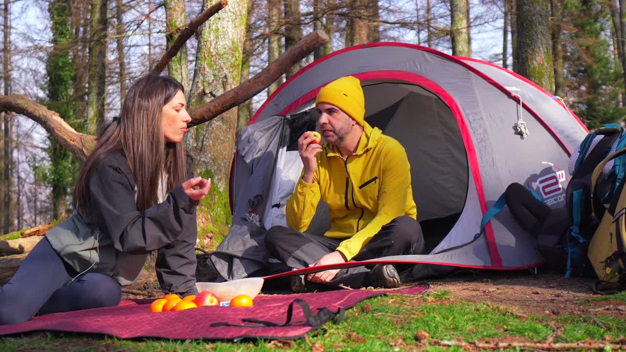 People camping in the forest having a picnic