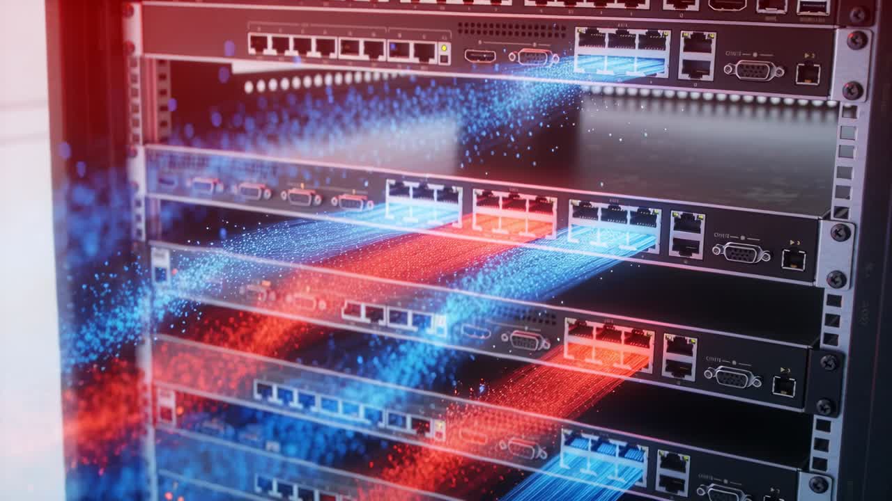 Animated streams appearing, rack switches pulsing port LEDs in data center, representing data flow