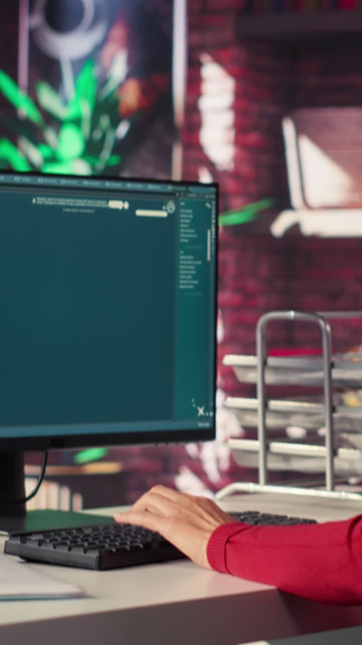 Vertikal video: IT-ingeniør ved skrivebordet genererer kodealgoritme med AI-drevet chat