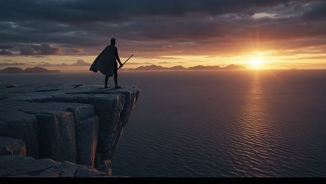 a solitary figure stands on a rugged cliff overlooking a vast ocean at sunset, capturing the essence of solitude, determination, and adventure in a stunning landscape