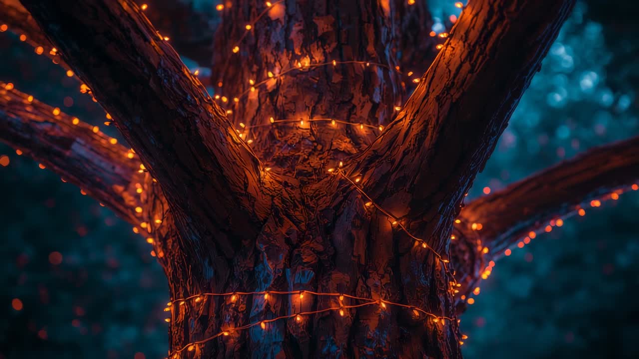 Pine trunk wrapped in orange LED lights pulsing in forest clearing at dusk, with camera zooming