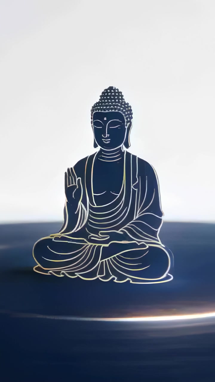 Video verticale: Luce che si sposta facendo emergere un Buddha su una base blu lucida, con una fascia di luce che sale.