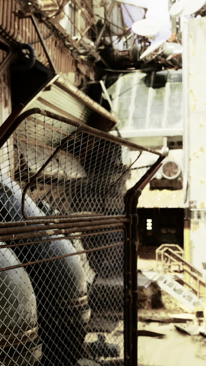 Abandoned industrial area with rusty fences and weathered structures