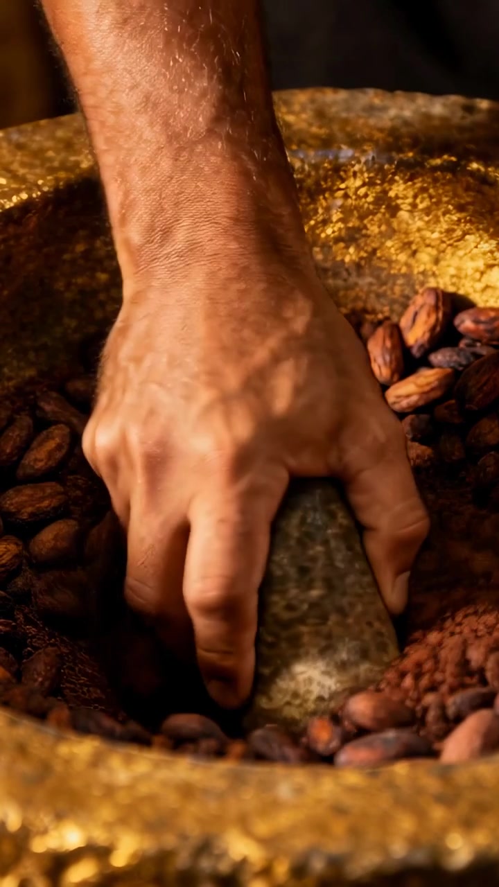 Vertical video: Entering hand grinding cacao beans with stone pestle at counter for chocolate