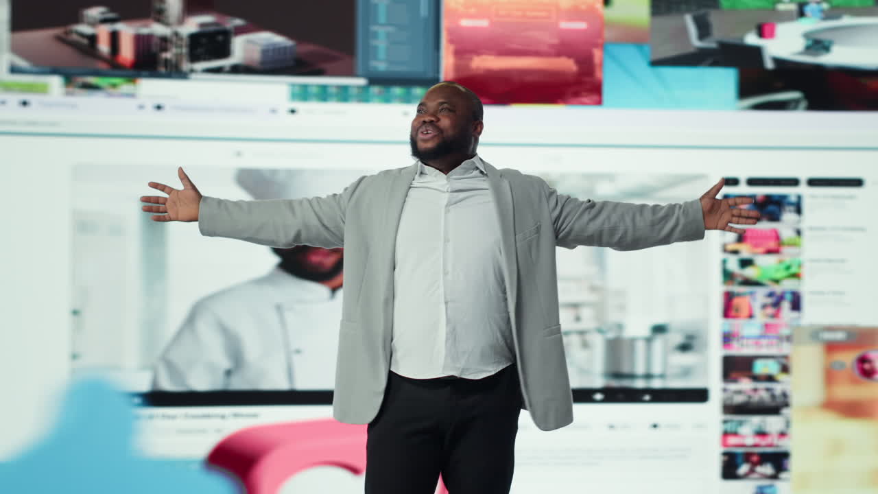 Vertical video Overjoyed man benefiting from entertainment selection