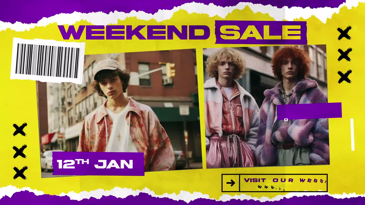 Annuncio di saldi del weekend con giovani in stile trendy