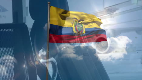 ecuadorian flag waving with airplane in sky, symbolizing travel and aviation