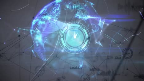 Animation-of-network-of-connections-with-clock-moving-and-globe-on-blue-background