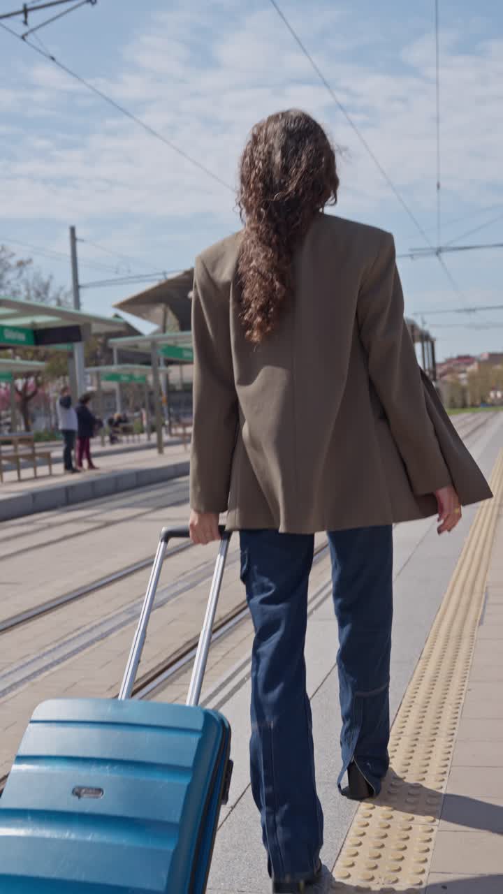 Donna che cammina con una valigia sulla banchina di una stazione del tram
