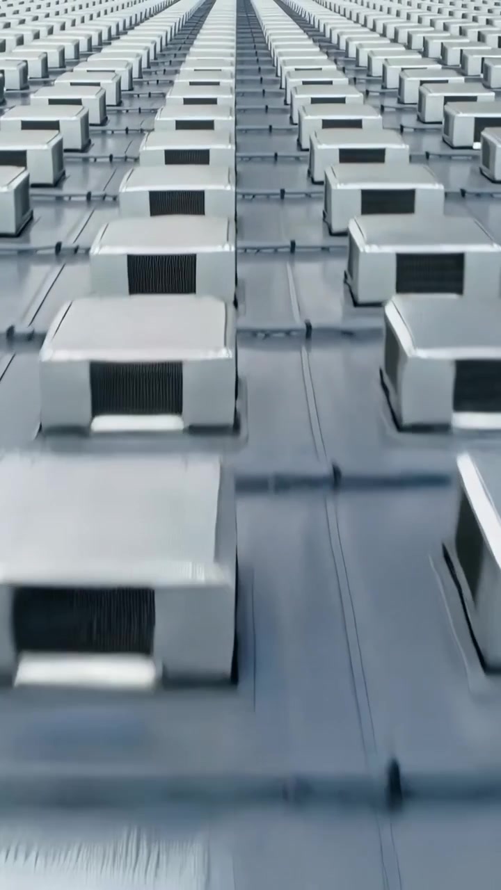 Video verticale: Telecamera che inizia a muoversi in avanti lungo l'asse del tetto, rivelando alloggiamenti di ventilazione ripetuti.