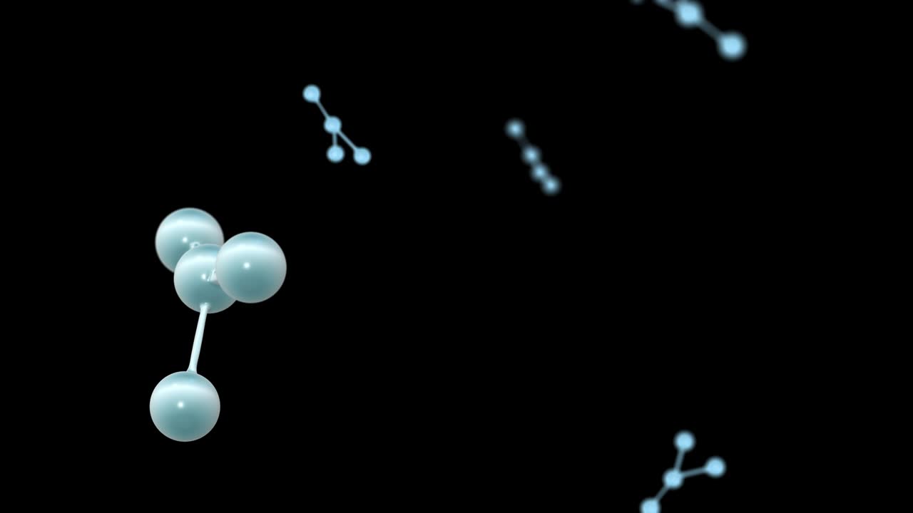 4k 영상에서 파란색 원자 입자와 검은색 배경.