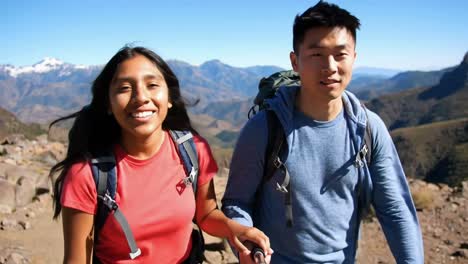 diverse couple hiking together on a mountain trail in summer