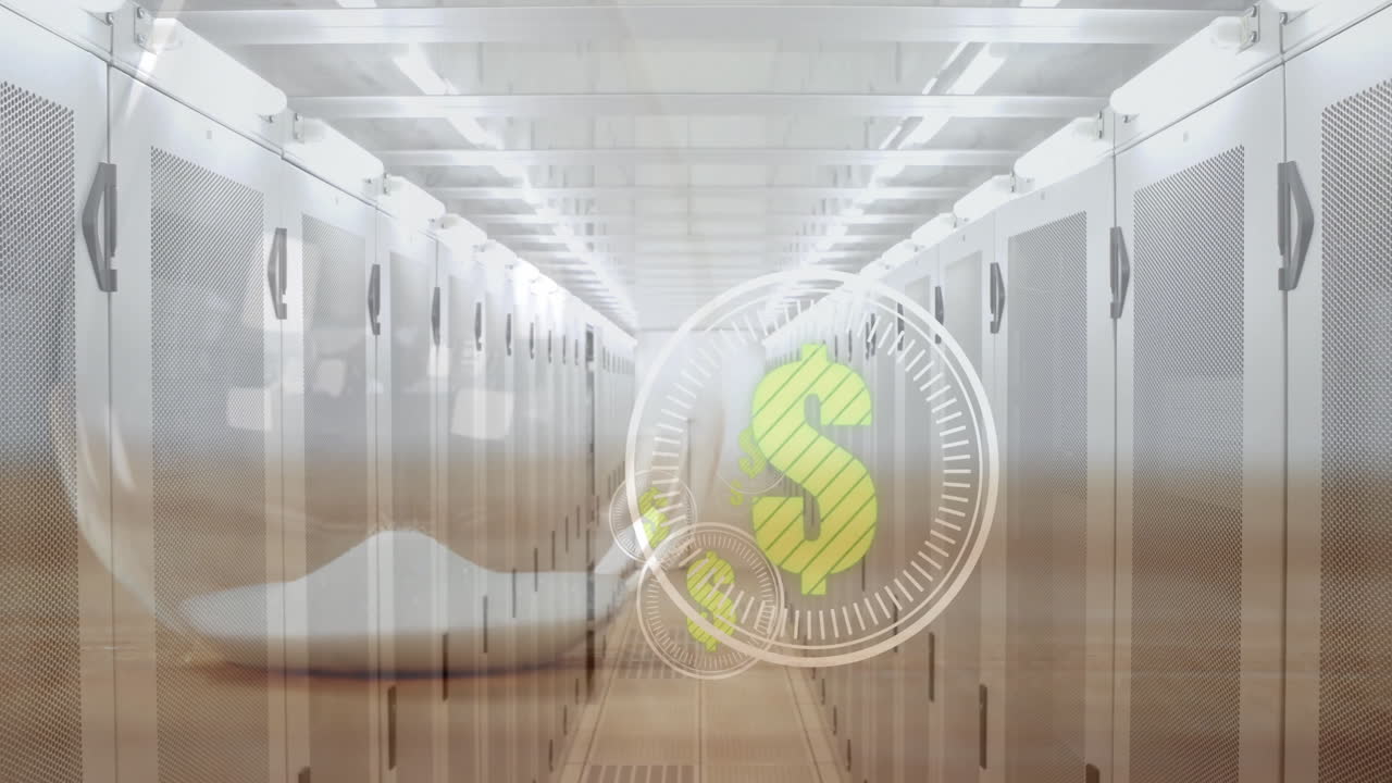 animación de símbolos de dólares sobre la sala del servidor y el reloj de arena