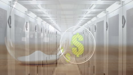 animation of dollar symbols over server room and hourglass