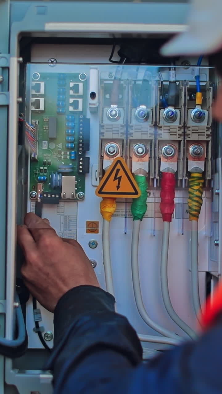 Control box of solar panels. Engineer working on checking and maintenance equipment in solar power plant