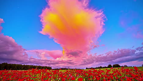 Campo-De-Amapolas-Rojas-Sin-Fin-Con-Paisaje-Nublado-Colorido,-Lapso-De-Tiempo-De-Fusión