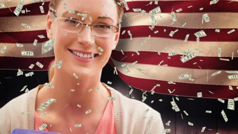 Animation-of-woman-smiling-and-banknotes-over-american-flag