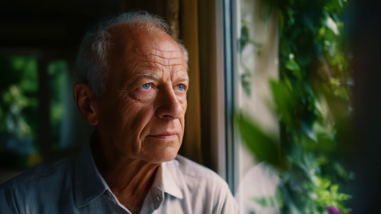 Riflessioni contemplative: un uomo anziano guarda fuori dalla finestra, perso nei suoi pensieri tra il verde lussureggiante, catturando un momento di introspettiva nostalgia e pacifica solitudine