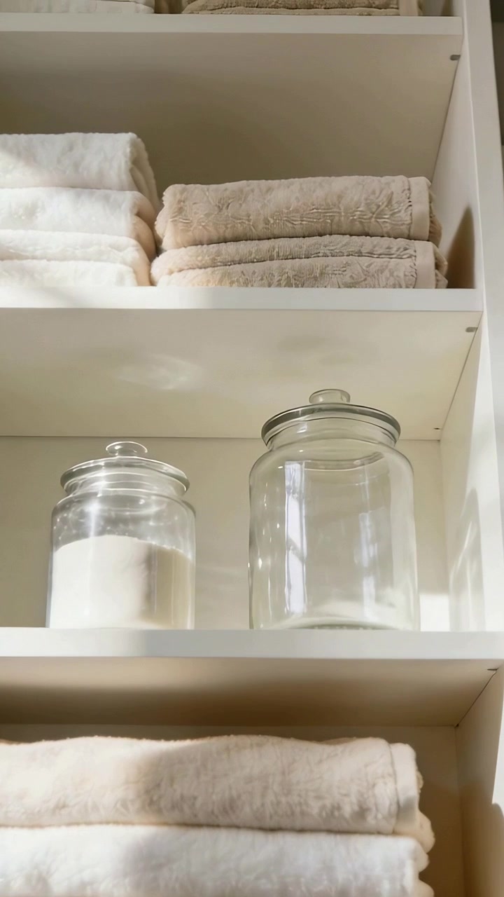 Vertical video: Shifting camera framing white shelf at home, showing beige white towels, powder jar