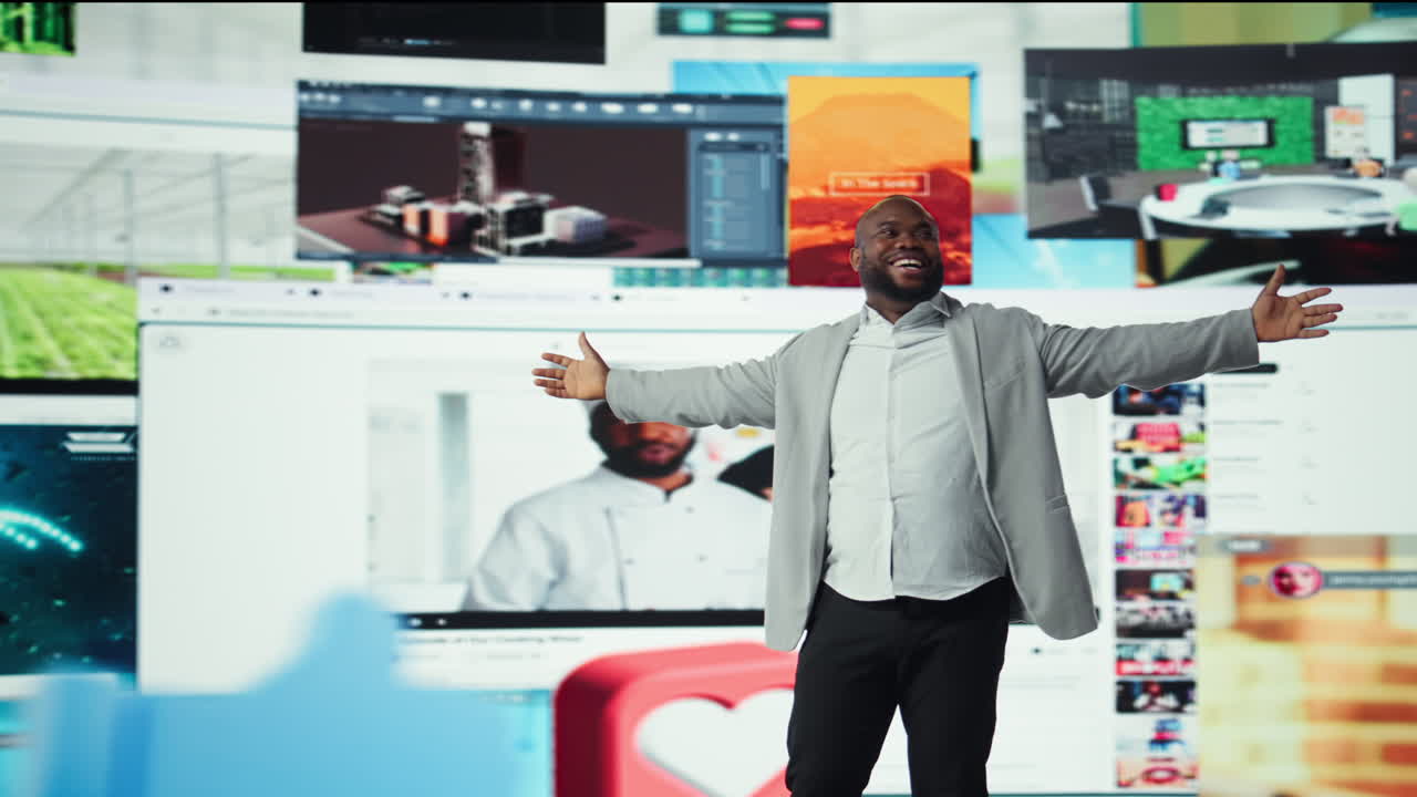 Vertical video Videowall entertainment clips enjoyed by delighted man with open arms