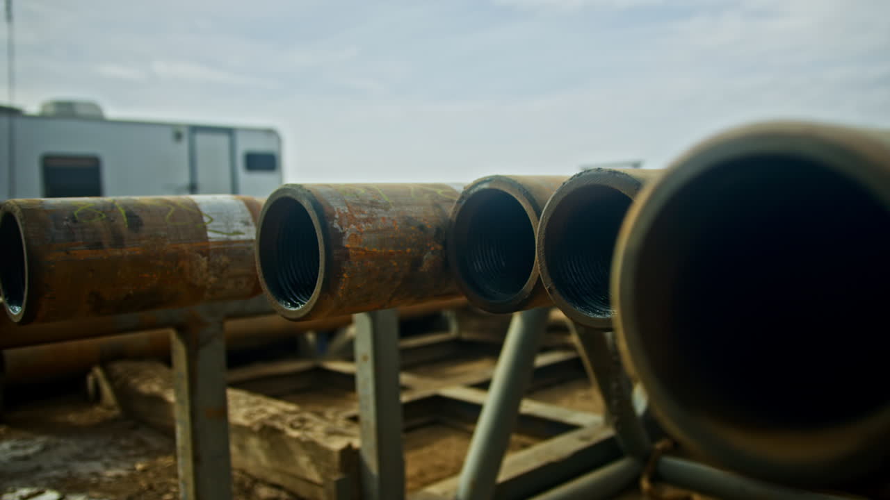 Moving along the metal pipes set outdoors in a row. Materials and constructions for oil and gas drilling. Close up.