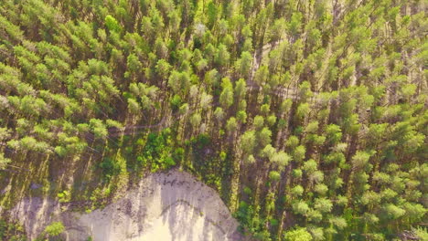 Vista-Aérea-De-Un-Antiguo-Pozo-De-Grava-Y-Pistas-De-Cosechadoras-En-Un-Hermoso-Bosque-Finlandés-De-Coníferas