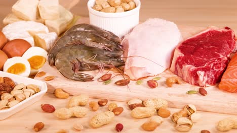 variety of meats, nuts, and dairy products