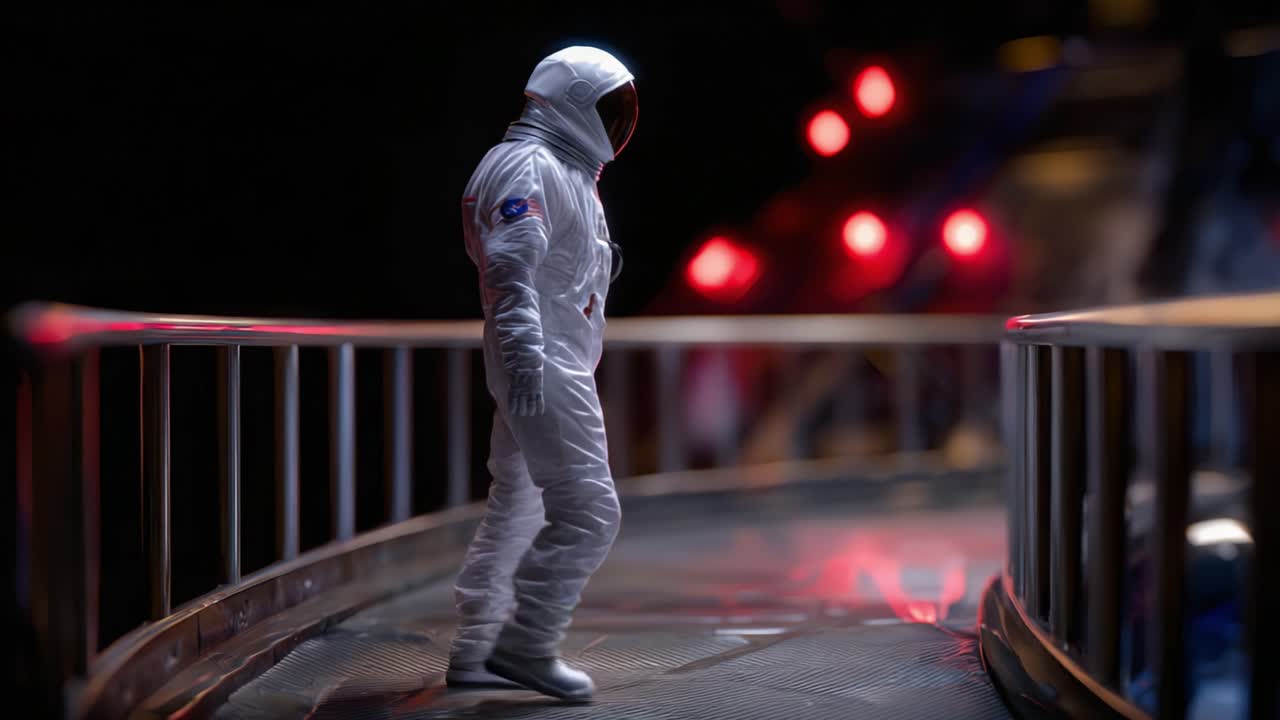 Astronot dalam Pakaian Antariksa Berdiri di Platform Logam Dikelilingi Pencahayaan Redup dan Elemen Futuristik, Membangkitkan Tema Eksplorasi dan Penemuan.