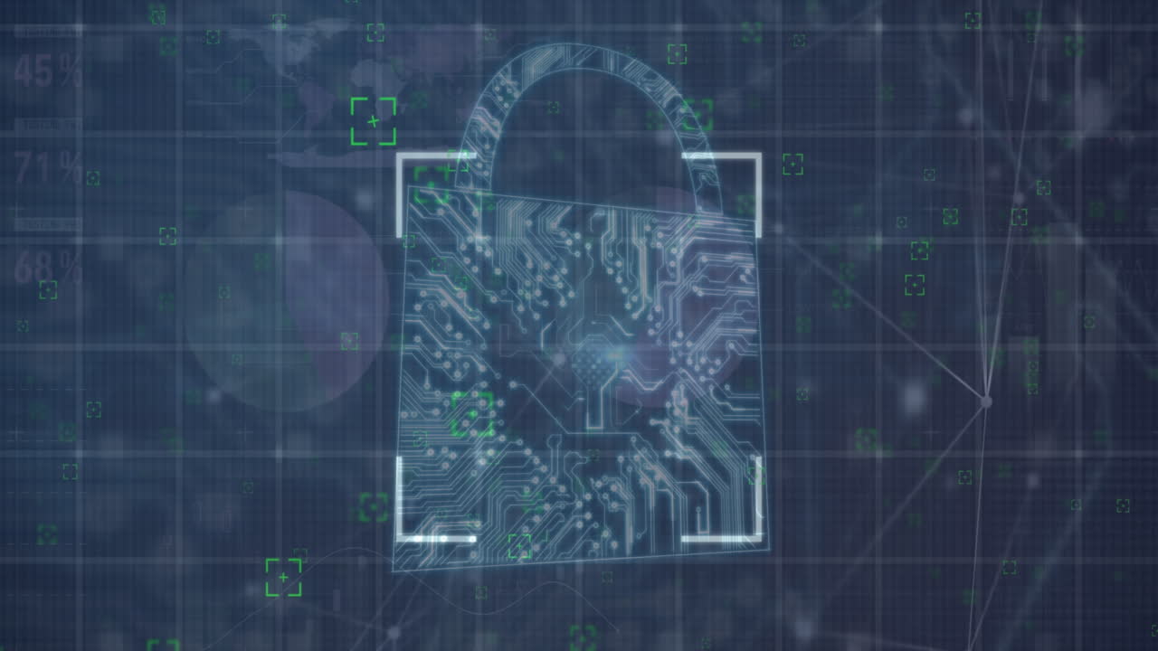 Animation of digital interface with security padlock over dark background