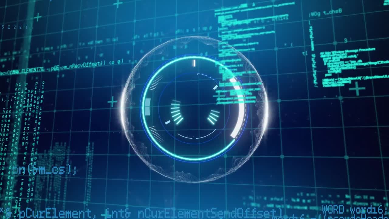 Animation of round scanner and data processing over grid network against blue background