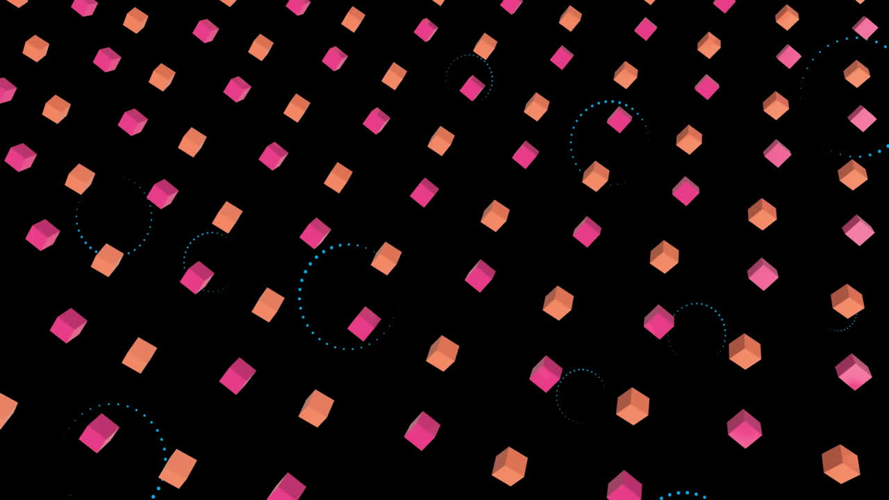 Animation of pink and orange cubes with dotted circles on black background