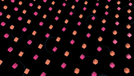 animation of pink and orange cubes with dotted circles on black background