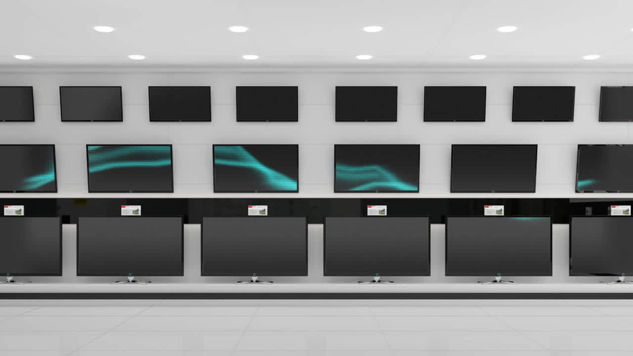 Animation of blue electrical current across multiple flat screen tvs in shop display