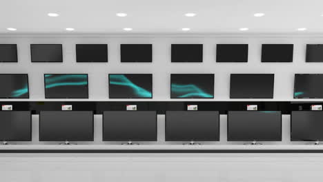 animation of blue electrical current across multiple flat screen tvs in shop display