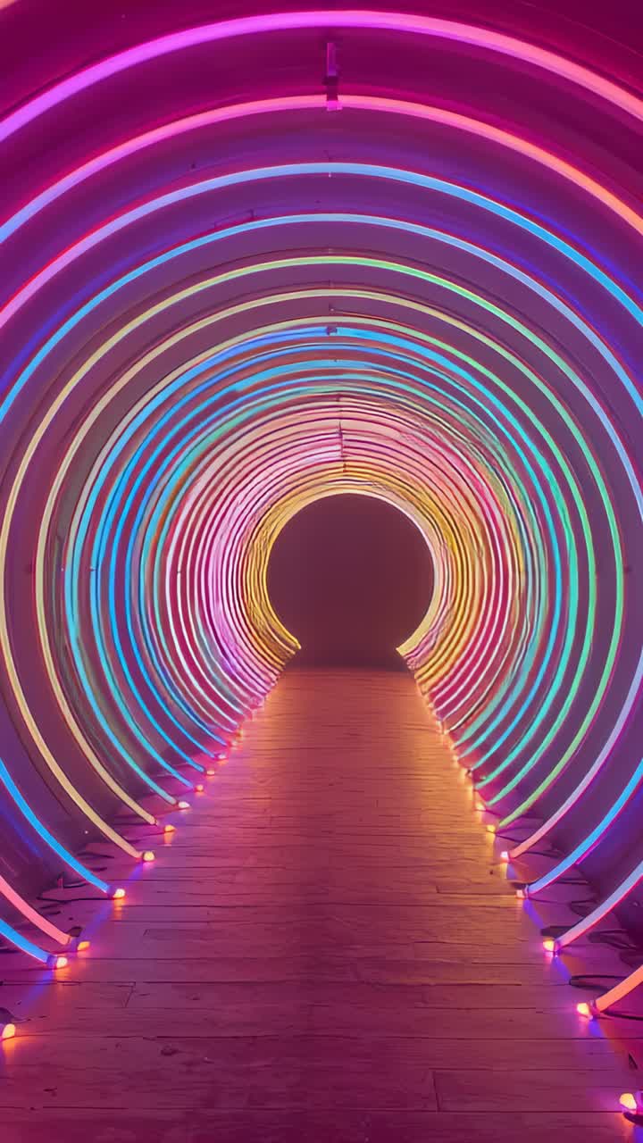 Vertical video: Gliding camera entering neon tunnel, showcasing glowing rings and wooden pathway