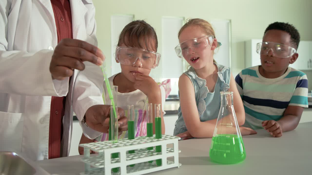Kids wearing goggles watching teacher applying pipette drops to test tubes showing reaction in lab