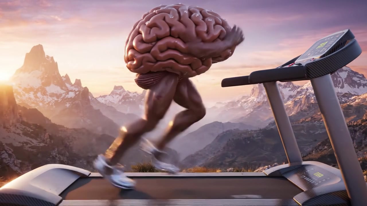 A Unique Combination of Strength and Intelligence: A Figure with a Brain on the Treadmill in a Majestic Mountain Landscape, Emphasizing the Fusion of Physical and Mental Fitness