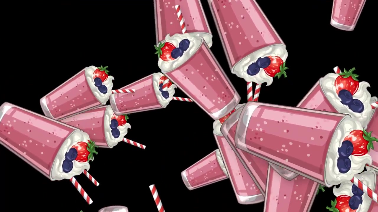 Animazione 2D dinamica di frullati di frutti di bosco rosa con panna montata che cadono su sfondo nero