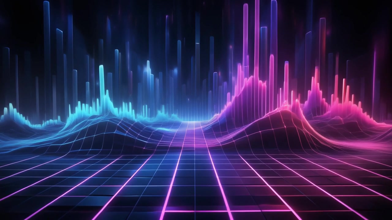 Abstrakt digitalt landskab med neonglødende bjælker og gitter