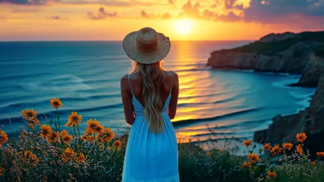 woman enjoys sunset at the beach with flowers in the foreground