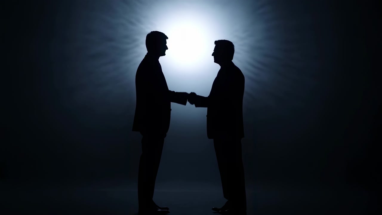 Due uomini che si stringono la mano in un ambiente professionale su uno sfondo scuro con una fonte di luce dietro di loro. Atmosfera neutra e positiva in un contesto di riunione d'affari. Immagine pulita e moderna.