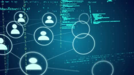 animación de iconos digitales y procesamiento de datos de codificación binaria sobre fondo azul.