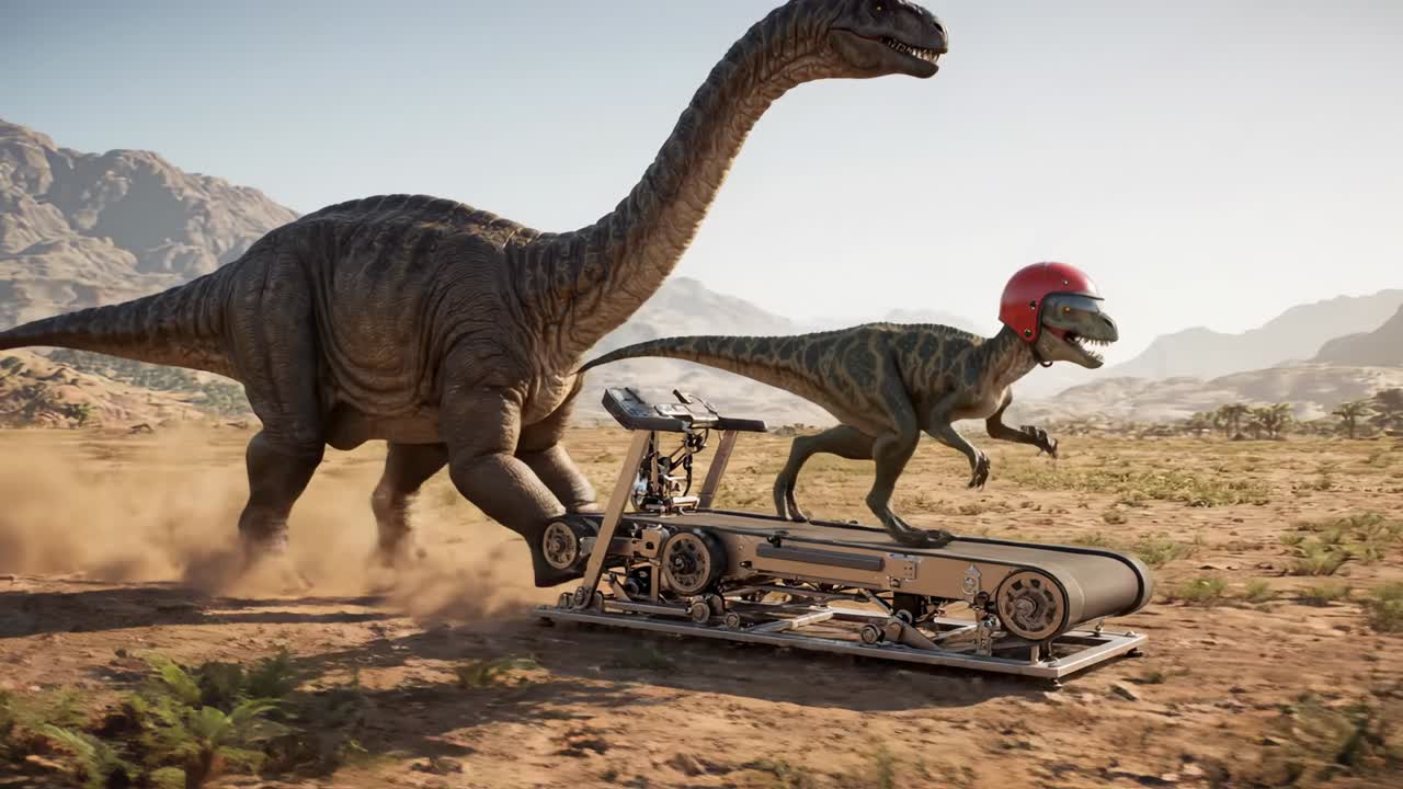 Dinosauro Raptor con casco corre sul tapis roulant accanto a un grande Sauropode.