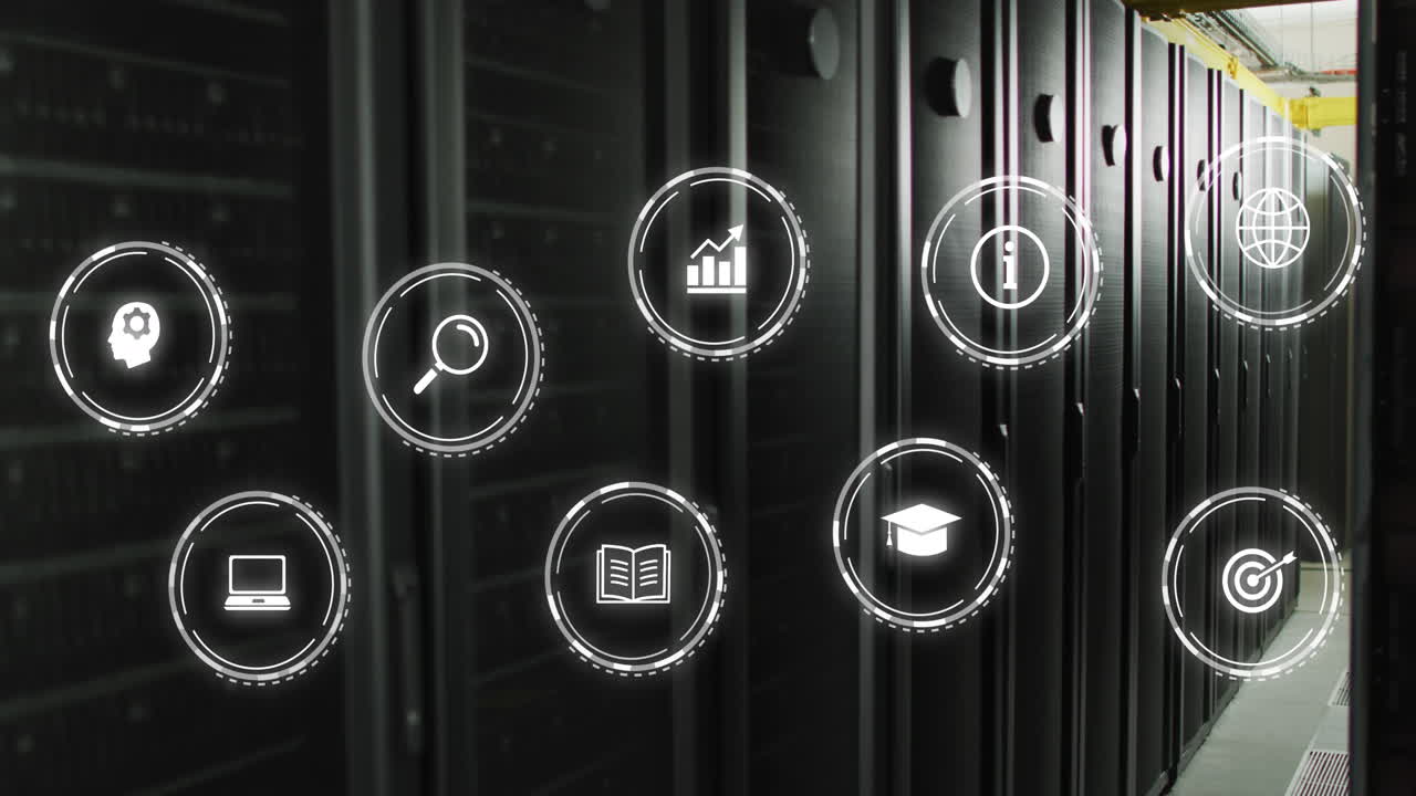 Networks with business, media and education icons processing data over computer server room