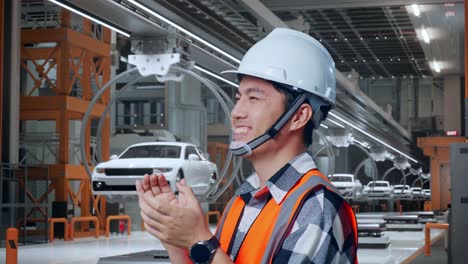 vista lateral de cerca de un ingeniero masculino asiático con casco de seguridad sonriendo y aplaudiendo sus manos mientras está de pie en una fábrica de automóviles ev